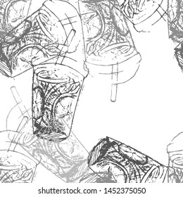 Seamless pattern with hand-drawn glass of lemonade. Kitchen textile, background for bar menu, flyer, banner. Vector texture in gray tones.