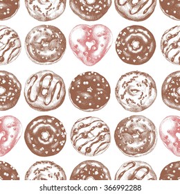 Seamless pattern of hand-drawn glaze donuts color brown and soft pink hearts, vector illustration on white background.