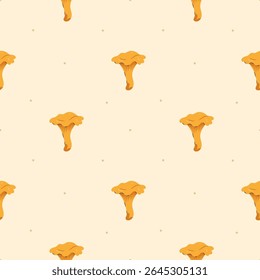 Padrão contínuo com cogumelos chanterelle dourados desenhados à mão em um fundo bege claro. Ideal para têxteis de outono, embalagens com temas florestais, marca de alimentos orgânicos ou decoração de cozinha acolhedora.
