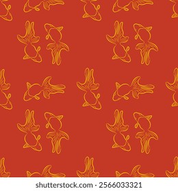 Seamless pattern of hand-drawn goldfish on a red background, vibrant, ideal for textiles and designs.