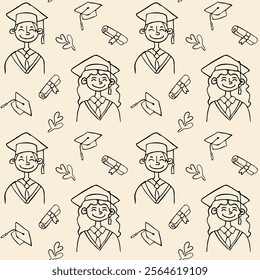 Seamless pattern of hand-drawn graduates. Includes illustrations of a happy graduate, graduation cap, diploma, and laurel leaves. Perfect for educational or celebratory designs.