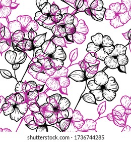 Seamless pattern with hand-drawn graphic vector sakura branch with flowers and leaves in black and pink color on a white background.