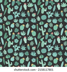 Seamless pattern of hand-drawn green cacti with white contour on the dark background. Summer scandinavian exotic Vector illustration of a cactus for child, print, typography, nursery, baby, home