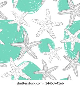 Seamless pattern with hand-drawn green circles and starfish. Doodle style of the marine theme. Abstract background. Vector illustration.