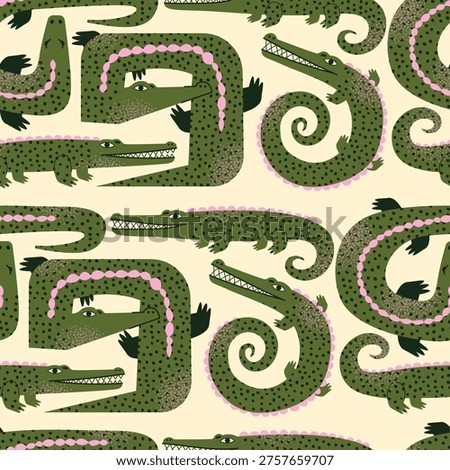 Seamless Pattern of Hand-Drawn Green Crocodiles and Alligators with Pink Accents. Whimsical Vector Illustration with Textured Reptiles for Kids Textile, Nursery Decor, and Creative Wrapping Paper