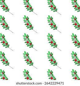 Seamless pattern with hand-drawn green leaves and red berries. Perfect for Christmas, winter, or festive projects