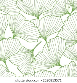 Seamless pattern hand-drawn green line art ginkgo leaf on white background vector illustration