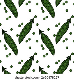 Seamless Pattern of Hand-drawn Green Peas in Pods and Loose Seeds.