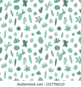 Seamless pattern of hand-drawn green tropical cacti. Vector illustration of a cactus in the Scandinavian style for the summer, children, print, background, typography, nursery, baby, home