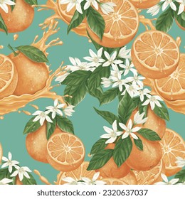 Seamless pattern of Hand-drawn of  half orange and mandarin orange flowers for fabric, textile, wrapping paper.
