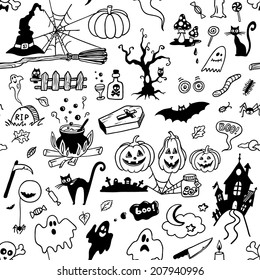 seamless pattern with hand-drawn Halloween doodles 