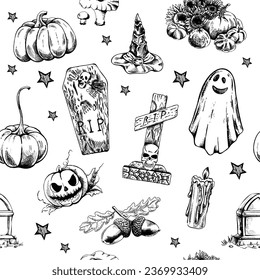 Seamless pattern of hand-drawn halloween elements. Black-and-white illustration in sketch style. Doodle.