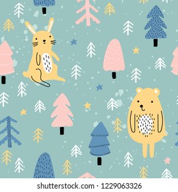 Seamless pattern with hand-drawn hares and bears in a forest in cartoon style on a green background. Vector illustration.