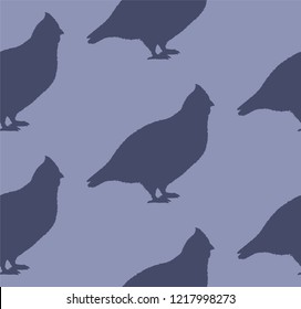 Seamless pattern with hand-drawn hazel grouse silhouettes on violet background. Vector.