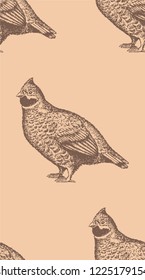 Seamless pattern with hand-drawn hazel grouse silhouettes. Engraving style. Vintage. Vector.