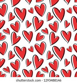 Seamless pattern of hand-drawn hearts. Background for cards, papers, fabrics, wallpapers, decoration, web banners, posters, brochures. Vector illustration.