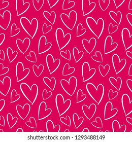Seamless pattern of hand-drawn hearts. Background for cards, papers, fabrics, wallpapers, decoration, web banners, posters, brochures. Vector illustration.