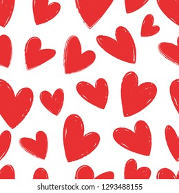 Seamless pattern of hand-drawn hearts. Background for cards, papers, fabrics, wallpapers, decoration, web banners, posters, brochures. Vector illustration.
