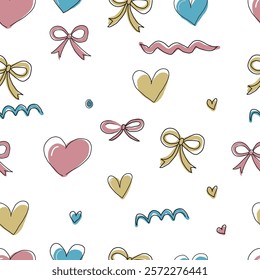 Seamless pattern with hand-drawn hearts, bows, and squiggles in pastel colors for creative projects