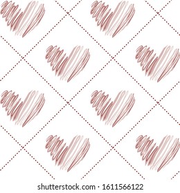 Seamless pattern with hand-drawn hearts and checkered pattern. In red tones on a white background. Valentine's Day, gift wrap, textiles, wedding products, covers, backgrounds.