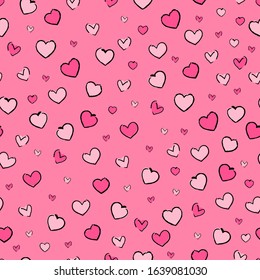 seamless pattern hand-drawn hearts of different sizes and shapes shades of pink. romantic gentle pattern for textile wrapping card banner fabric