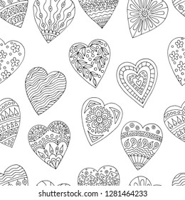 Seamless pattern with hand-drawn hearts doodles for coloring books, for Valentine's day