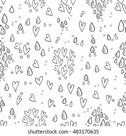 Seamless pattern with hand-drawn hearts and drops. Doodle seamless pattern.