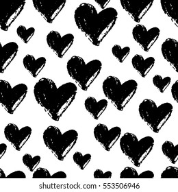 Seamless pattern with hand-drawn hearts. Ink grungy heart background, doodle. Endless texture can be used for printing onto fabric and paper or invitation. Abstract geometric shapes. Vector