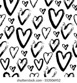 Seamless pattern with hand-drawn hearts. Ink grungy heart background, doodle. Endless texture can be used for printing onto fabric and paper or invitation. Abstract geometric shapes. Vector