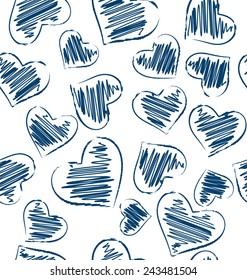 Seamless pattern of hand-drawn hearts isolated on white background