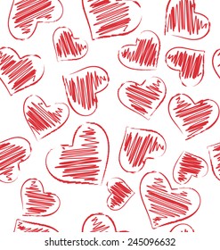 Seamless pattern of hand-drawn hearts isolated on white background