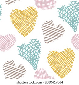 Patrón sin brillo en los corazones dibujados a mano. Estilo escandinavo minimalista en tonos pastel retro. Empleados para prendas de vestir, textiles, tejidos, papel para envolver, etc.