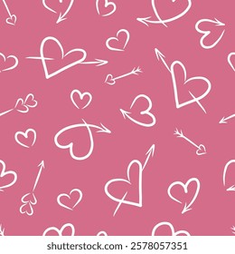 Seamless pattern with hand-drawn hearts on a pink background