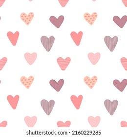 Patrón inmaculado de corazones dibujados a mano con adornos. Imagen vectorial para el Día de San Valentín, amantes, impresiones, ropa, textiles, tarjetas, vacaciones, niños, ducha de bebé, papel envolvente, amor.