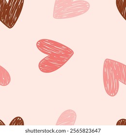 Seamless Pattern of Hand-Drawn Hearts in Pastel and Warm Colors