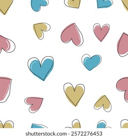 Seamless pattern with hand-drawn hearts, in pastel colors for creative projects for Valentines day