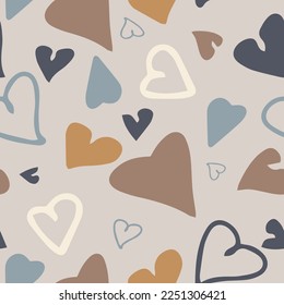 Seamless pattern of hand-drawn hearts in soft tones on a light background. Modern, stylish fabric design for children.