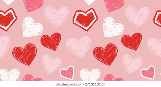 Seamless pattern with hand-drawn hearts in various shades of red and pink on a pastel background, perfect for romantic celebrations, Valentine's Day designs, or decorative elements