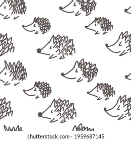 Seamless pattern with hand-drawn hedgehogs in grey colours on white background