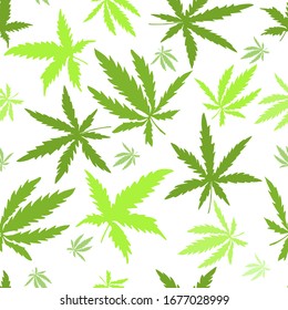 Seamless pattern with hand-drawn hemp leaves. Illustration isolated on white background. Product design with hemp. Vector eps10