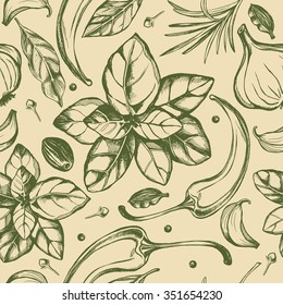 Seamless pattern with hand-drawn herbs and spices.