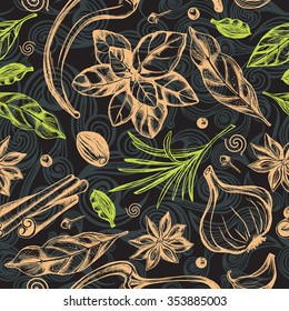 Seamless pattern with hand-drawn herbs and spices.