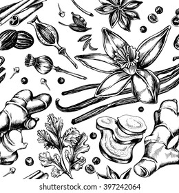 Seamless pattern with hand-drawn herbs and spices.