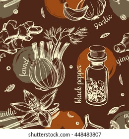 Seamless pattern with hand-drawn herbs and spices.