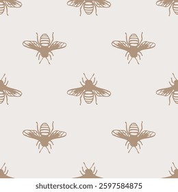 Seamless pattern with hand-drawn honey bees in monochrome style on a light background. Repetitive insect design for textile, wallpaper, packaging, and decorative print.