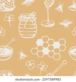 Seamless pattern with hand-drawn honey jars, honeycomb, bees, flowers, and honey dippers on a warm yellow background