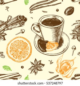 Seamless pattern with hand-drawn hot chocolate, candied fruit and spices. Vector illustration.