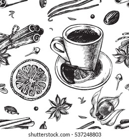 Seamless pattern with hand-drawn hot chocolate, candied fruit and spices. Vector illustration.