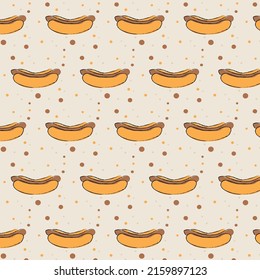 seamless pattern of hand-drawn hot dogs on a beige background. for packaging, covers, wrapping paper. vector illustration