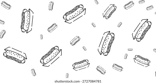 Un patrón sin fisuras de hot dogs dibujados a mano en bollos, esparcidos sobre un fondo blanco. El estilo de arte lineal simple le da una sensación lúdica y gráfica.